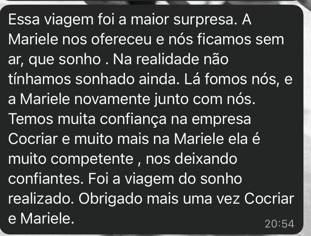 Feedback de cliente da Cocriar sobre a viagem