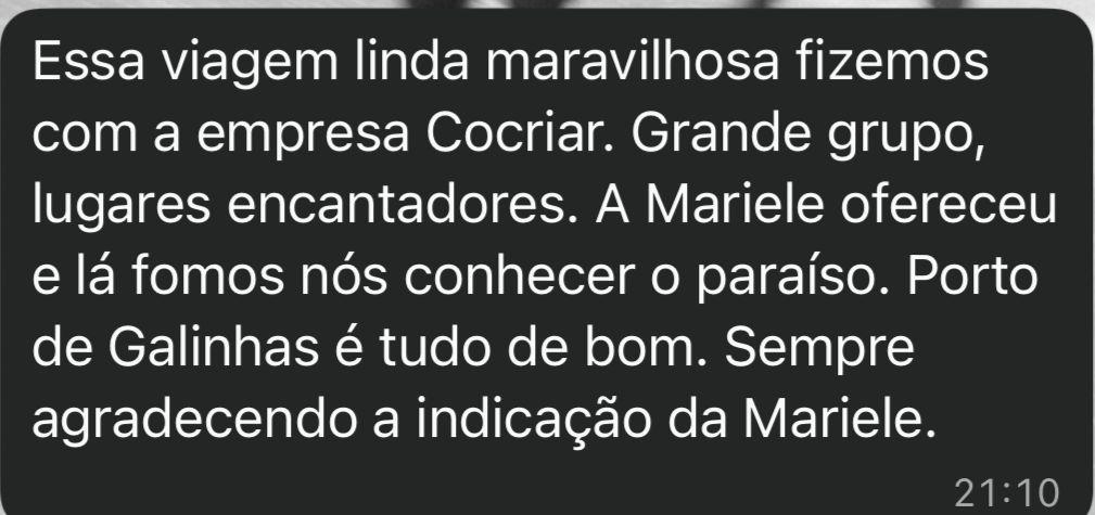 Feedback de cliente da Cocriar sobre a viagem